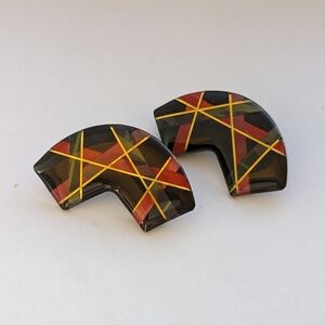 🖤 Vintage gold black red green design horseshoe shaped 1980 clip earrings